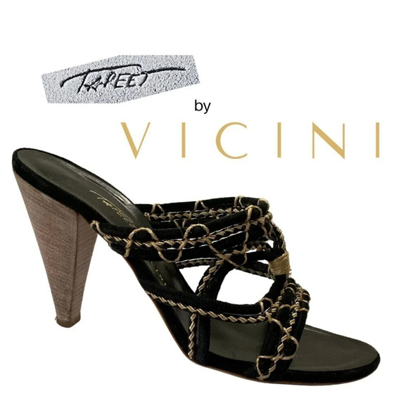 VICINI Tapeet, Strappy Mule Slide Heeled Sandal, Black, Tan, Brown - Picture 1 of 10